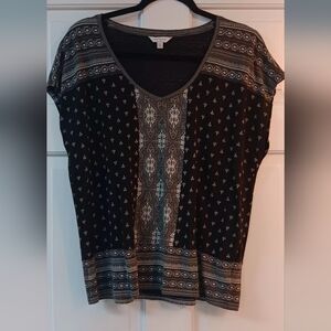 Lucky Brand Black and Cream Patterned Cotton Blend Boho, Cottagecore Blouse